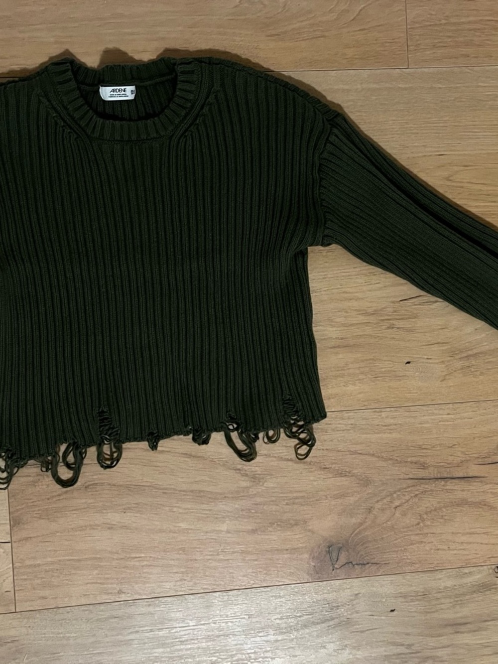 Ardene Olive Green distressed Ribbed cropped Crewneck Sweater